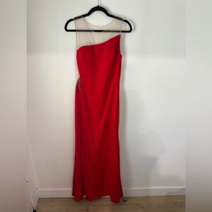 Nicole Bakti mesh Shoulder Red Gown with slit